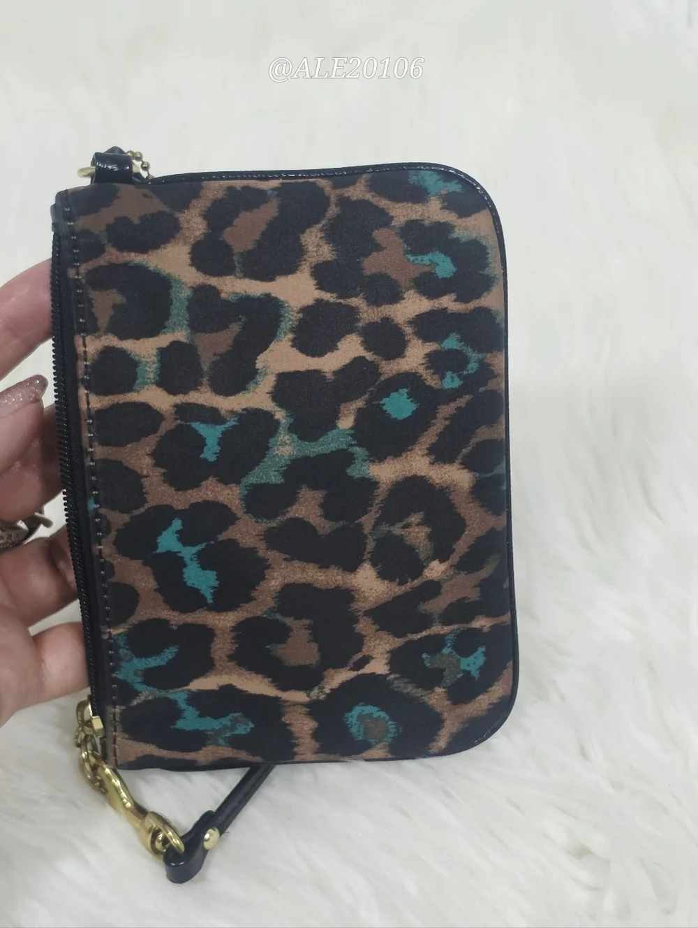 Coach Leopard Print Wristlet Zip Pouch Brown Teal Small Bag